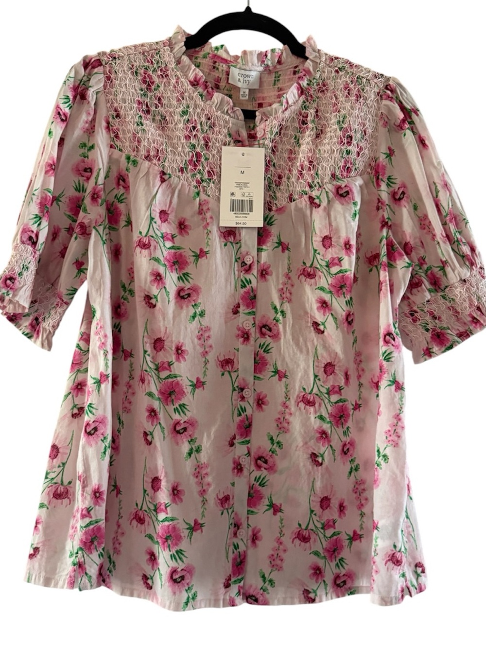 NWT - Crown & Ivy Pink Floral Smocked Yoke Button-Front Blouse